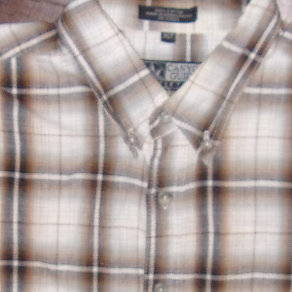 size extra large tall mens brown  white plaid shirt button up down short sleeve - Picture 3 of 4